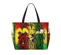 Sac de plage grand format pour femme, orné du drapeau rasta jamaïcain et d'un lion reggae, avec fermeture éclair et poche étanche. Léger et pliable, il est idéal pour la salle de sport, les ges, les