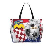 Sac de plage grand format pour femme, orné d'un but de football et du drapeau croate, avec fermeture éclair et poche imperméable. Léger et pliable, il est idéal pour la salle de sport, les ges, les c