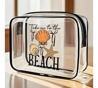 Sac de plage imperméable en PVC avec impression de lettres "Emmène-moi à la plage" et décoration de coquillages et d'étoiles de mer, sac cosmétique en PVC, sac de rangement de voyage en PVC avec ferme