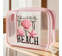 Sac de plage imperméable en PVC avec impression "Emmène-moi à la plage", décoré de coquillages et d'étoiles de mer. Sac cosmétique en PVC, trousse de voyage zippée en PVC, trousse de toilette légère e