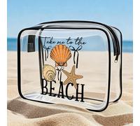 Sac de plage imperméable en PVC avec impression "Emmène-moi à la plage", décoré de coquillages et d'étoiles de mer. Sac cosmétique en PVC, sac organisateur de voyage en PVC avec fermeture éclair - Sac