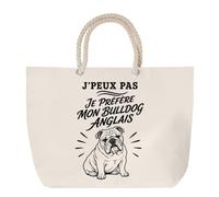 Sac de Plage J’peux pas je préfère mon Bulldog Anglais | Grand Cabas Coton à Anses en Corde 23 L | Idée Cadeau Propriétaire Bulldog Anglais Homme Femme Anniversaire Noël | Imprimé en Bretagne