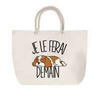 Sac de Plage Je le ferai demain - Cavalier king charles | Grand Cabas Coton à Anses en Corde 23 L | Idée Cadeau Homme Femme Anniversaire Noël | Imprimé en Bretagne | Humour Flemme Paresseux