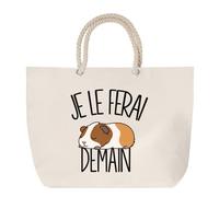 Sac de Plage Je le ferai demain - Cochon d'inde | Grand Cabas Coton à Anses en Corde 23 L | Idée Cadeau Homme Femme Anniversaire Noël | Imprimé en Bretagne