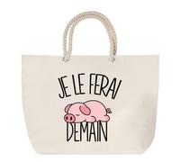Sac de Plage Je le ferai demain - Cochon | Grand Cabas Coton à Anses en Corde 23 L | Idée Cadeau Homme Femme Anniversaire Noël | Imprimé en Bretagne | Humour Flemme Paresseux Procrastination
