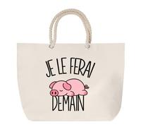 Sac de Plage Je le ferai demain - Cochon nain | Grand Cabas Coton à Anses en Corde 23 L | Idée Cadeau Homme Femme Anniversaire Noël | Imprimé en Bretagne | Humour Flemme Paresseux