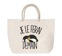 Sac de Plage Je le ferai demain - Manchot empereur | Grand Cabas Coton à Anses en Corde 23 L | Idée Cadeau Homme Femme Anniversaire Noël | Imprimé en Bretagne | Humour Flemme Paresseux