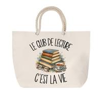 Sac de Plage Le club de lecture c'est la vie | Grand Cabas Coton à Anses en Corde 23 L | Idée Cadeau Lecteur Lectrice Homme Femme Anniversaire Noël | Imprimé en Bretagne