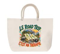 Sac de Plage Le road trip c'est ma thérapie | Grand Cabas Coton à Anses en Corde 23 L | Idée Cadeau Homme Femme Anniversaire Noël | Imprimé en Bretagne