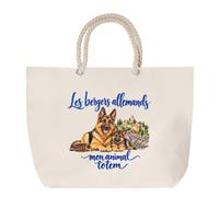Sac de Plage Les bergers allemands, mon animal totem | Grand Cabas Coton à Anses en Corde 23 L | Idée Cadeau Propriétaire de Chien Homme Femme Anniversaire Noël | Imprimé en Bretagne