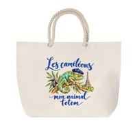 Sac de Plage Les caméléons, mon animal totem | Grand Cabas Coton à Anses en Corde 23 L | Idée Cadeau Amoureux et Amoureuse des Animaux Homme Femme Anniversaire Noël | Imprimé en Bretagne