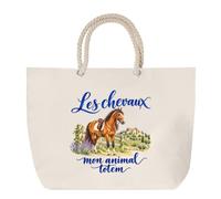 Sac de Plage Les chevaux, mon animal totem | Grand Cabas Coton à Anses en Corde 23 L | Idée Cadeau Cavalier Cavalière Homme Femme Anniversaire Noël | Imprimé en Bretagne