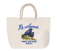Sac de Plage Les corbeaux, mon animal totem | Grand Cabas Coton à Anses en Corde 23 L | Idée Cadeau Amoureux et Amoureuse des Oiseaux Homme Femme Anniversaire Noël | Imprimé en Bretagne