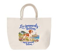Sac de Plage Les épagneuls bretons, mon animal totem | Grand Cabas Coton à Anses en Corde 23 L | Idée Cadeau Propriétaire de Chien Homme Femme Anniversaire Noël | Imprimé en Bretagne