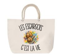 Sac de Plage Les escargots c'est la vie | Grand Cabas Coton à Anses en Corde 23 L | Idée Cadeau Amoureux de la Nature Homme Femme Anniversaire Noël | Imprimé en Bretagne