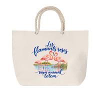 Sac de Plage Les flamants roses, mon animal totem | Grand Cabas Coton à Anses en Corde 23 L | Idée Cadeau Amoureux et Amoureuse des Oiseaux Homme Femme Anniversaire Noël | Imprimé en Bretagne