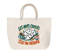Sac de Plage Les mots croisés c'est ma thérapie | Grand Cabas Coton à Anses en Corde 23 L | Idée Cadeau Homme Femme Anniversaire Noël | Imprimé en Bretagne