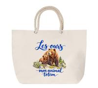 Sac de Plage Les ours, mon animal totem | Grand Cabas Coton à Anses en Corde 23 L | Idée Cadeau Amoureux et Amoureuse des Animaux Homme Femme Anniversaire Noël | Imprimé en Bretagne