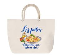 Sac de Plage Les pâtes, toujours une bonne idée | Grand Cabas Coton à Anses en Corde 23 L | Idée Cadeau Gourmand Gourmande Homme Femme Anniversaire Noël | Imprimé en Bretagne
