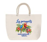 Sac de Plage Les perroquets, mon animal totem | Grand Cabas Coton à Anses en Corde 23 L | Idée Cadeau Amoureux et Amoureuse des Oiseaux Homme Femme Anniversaire Noël | Imprimé en Bretagne