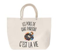 Sac de Plage Les Poils de Chat Partout c’est la vie | Grand Cabas Coton à Anses en Corde 23 L | Idée Cadeau Homme Femme Anniversaire Noël | Imprimé en Bretagne