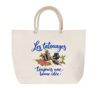 Sac de Plage Les tatouages, toujours une bonne idée | Grand Cabas Coton à Anses en Corde 23 L | Idée Cadeau Homme Femme Anniversaire Noël | Imprimé en Bretagne