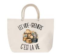 Sac de Plage Les vide-greniers c'est la vie | Grand Cabas Coton à Anses en Corde 23 L | Idée Cadeau Chineur Chineuse Homme Femme Anniversaire Noël | Imprimé en Bretagne