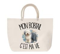 Sac de Plage Mon Bobtail c'est ma vie | Grand Cabas Coton à Anses en Corde 23 L | Idée Cadeau Propriétaire Chien Homme Femme Anniversaire Noël | Imprimé en Bretagne