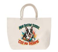 Sac de Plage Mon Boston Terrier c'est ma thérapie | Grand Cabas Coton à Anses en Corde 23 L | Idée Cadeau Homme Femme Anniversaire Noël | Imprimé en Bretagne