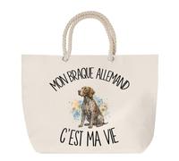 Sac de Plage Mon Braque Allemand c'est ma vie | Grand Cabas Coton à Anses en Corde 23 L | Idée Cadeau Propriétaire Chien Homme Femme Anniversaire Noël | Imprimé en Bretagne