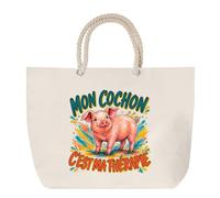 Sac de Plage Mon cochon c'est ma thérapie | Grand Cabas Coton à Anses en Corde 23 L | Idée Cadeau Homme Femme Anniversaire Noël | Imprimé en Bretagne