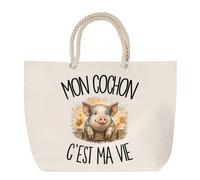 Sac de Plage Mon cochon c'est ma vie | Grand Cabas Coton à Anses en Corde 23 L | Idée Cadeau Propriétaire Cochon Homme Femme Anniversaire Noël | Imprimé en Bretagne