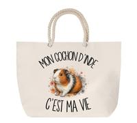Sac de Plage Mon cochon d'Inde c'est ma vie | Grand Cabas Coton à Anses en Corde 23 L | Idée Cadeau Propriétaire Cochon D'Inde Homme Femme Anniversaire Noël | Imprimé en Bretagne