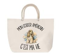Sac de Plage Mon Cocker Américain c'est ma vie | Grand Cabas Coton à Anses en Corde 23 L | Idée Cadeau Propriétaire Chien Homme Femme Anniversaire Noël | Imprimé en Bretagne