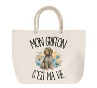 Sac de Plage Mon Griffon c'est ma vie | Grand Cabas Coton à Anses en Corde 23 L | Idée Cadeau Propriétaire Chien Homme Femme Anniversaire Noël | Imprimé en Bretagne