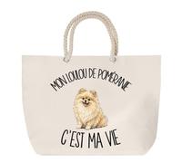 Sac de Plage Mon Loulou de Poméranie c'est ma vie | Grand Cabas Coton à Anses en Corde 23 L | Idée Cadeau Propriétaire Chien Homme Femme Anniversaire Noël | Imprimé en Bretagne