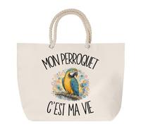 Sac de Plage Mon perroquet c'est ma vie | Grand Cabas Coton à Anses en Corde 23 L | Idée Cadeau Passionné et Passionnée D'oiseaux Homme Femme Anniversaire Noël | Imprimé en Bretagne