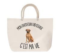 Sac de Plage Mon Rhodesian Ridgeback c'est ma vie | Grand Cabas Coton à Anses en Corde 23 L | Idée Cadeau Propriétaire Chien Homme Femme Anniversaire Noël | Imprimé en Bretagne