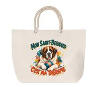 Sac de Plage Mon Saint-Bernard c'est ma thérapie | Grand Cabas Coton à Anses en Corde 23 L | Idée Cadeau Homme Femme Anniversaire Noël | Imprimé en Bretagne