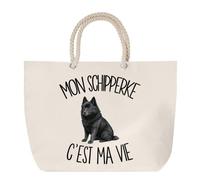 Sac de Plage Mon Schipperke c'est ma vie | Grand Cabas Coton à Anses en Corde 23 L | Idée Cadeau Propriétaire Chien Homme Femme Anniversaire Noël | Imprimé en Bretagne