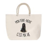 Sac de Plage Mon Terre-Neuve C'est Ma Vie | Grand Sac Cabas Coton Anses en Corde | Idée Cadeau Femme Homme Anniversaire Noël | Imprimé en Bretagne