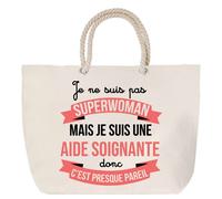 Sac de plage - PLANETEE - Aide Soignante Superwoman - Grand format - Anse corde solide - Coton multicolore