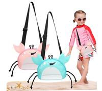 Sac de plage pour enfants crabe 2pcs Sac de coquillage de conception sac mignon en maille de plage avec bague de plage à bracelet réglable sac de sable de sable pour tendre des jouets de plage de coq