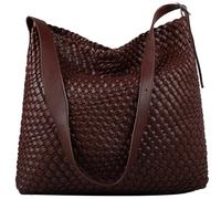 Sac de plage tissé pour femme - Sac à bandoulière XL en cuir végétalien | Prêt à l'emploi pour l'été | Bandoulière réglable fabriquée à la main, café, Large, Sac tissé