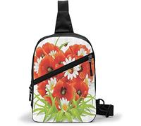 Sac de Poitrine en Forme de Coeur Fleurs de Printemps Greenfield Herbe de Printemps Gouttelettes d'Eau Coquelicot, Sacs à Bandoulière Multifonctionnel Bandoulière Sac à Dos à Bandoulière Imperméable V