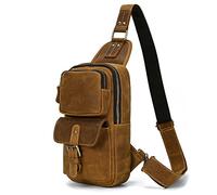Sac de Poitrine Homme en Cuir Veritable Sacoche à Bandoulière Sacs a dos porté épaule Travers Pochettes des Sport Affaires Voyage, 9331 brun clair