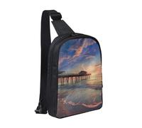 Sac de poitrine imprimé Sunset at The Beach Bridge pour homme et femme, sac à dos à bandoulière imperméable pour coureur, entraînement, randonnée, cyclisme, voyage, Noir , Taille unique, Sac à dos