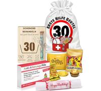 Sac de premiers secours pour 30e anniversaire avec tableau en bois et tube à essai - Emballage cadeau amusant avec sac en satin, pilules de farce, biscuits porte-bonheur et bonbons à confettis