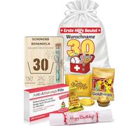Sac de premiers secours pour 30e anniversaire avec tableau en bois, tube à essai et nom au choix - Emballage cadeau d'argent personnalisé avec sac en satin, pilules et confettis