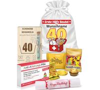 Sac de premiers secours pour 40e anniversaire avec tableau en bois, tube à essai et nom au choix - Emballage cadeau d'argent personnalisé avec sac en satin, pilules et confettis
